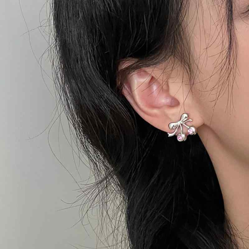 ピアス レディース かわいい S925シルバー 針 イヤリング シルバー 銀色 蝶結び ちょう結び 桜 桃 サクランボ フルーツ 果物 キュート ガーリー フェミニン ジルコニア