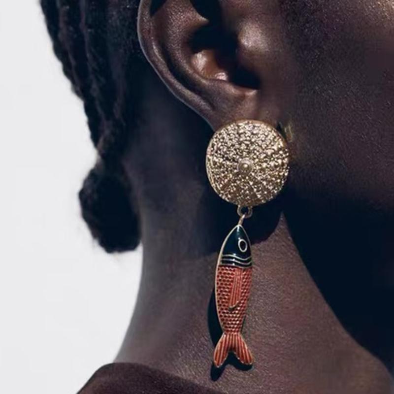 ピアス レディース カラフル 魚 モチーフ サークル イヤリング レトロ ヴィンテージ 幾何学模様 電気メ..