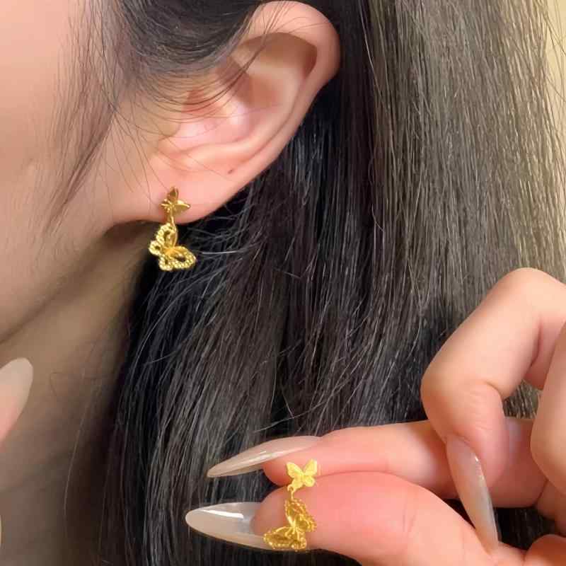 イヤリング レディース バタフライ 蝶々 透かし彫り 二重 電気メッキ加工 ゴールド 花柄 エレガント 高見え 普段使い パーティー