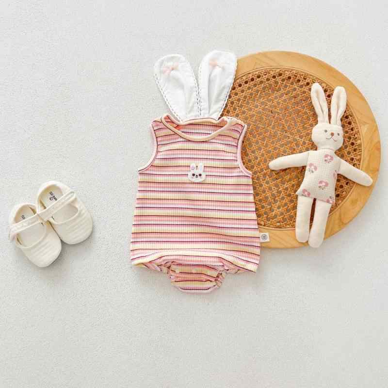 ベビー服 夏物 ロンパース 薄手 綿 ストライプ ノースリーブ 包みボタン 全開き かわいい ピンク系 60 ..