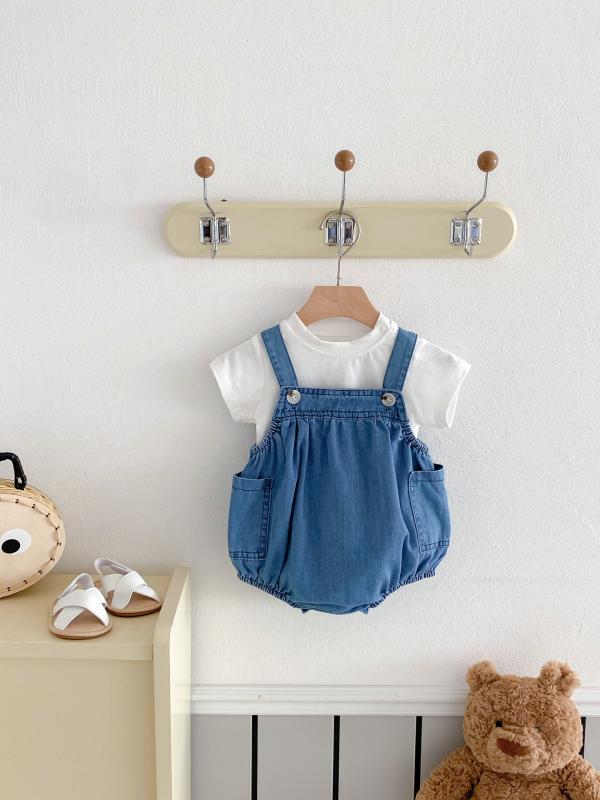 ベビー 男女児兼用 ロンパース 上下セット コットン ストライプ 半袖 トップス オーバーオール 2点 セ..