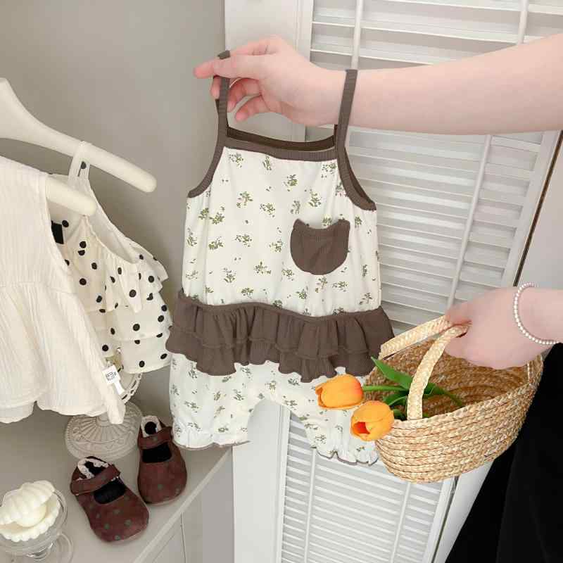 ベビー服 女の子 薄手 ノースリーブ ロンパース モダール 包みボタン 花柄 韓国風 接触冷感 73 80 90 100