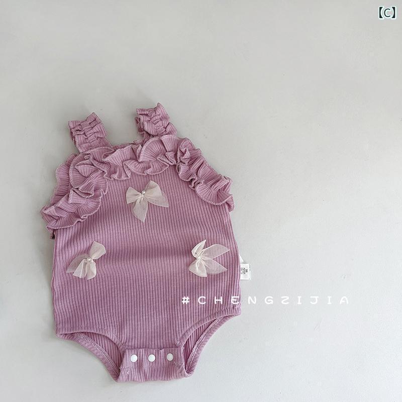 シャドーテールのベビー服 女の子 ノースリーブ ロンパース 春夏 薄手 コットン 花柄 フリル 蝶結び 66 73 80 90 100 パープル ベージュ ブラウン かわいい 普段使い お出かけ｜アングル3