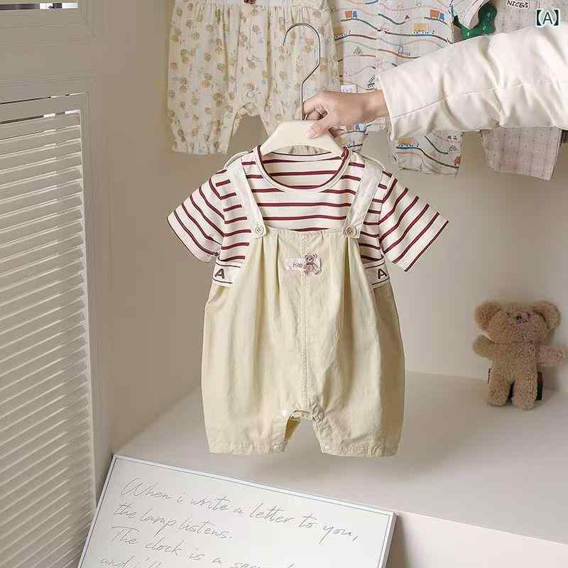 ベビー服 男の子 上下セット Tシャツ & ストライプ柄 オーバーオール 綿100% 薄手 半袖 韓国風 カジュアル 夏 外出着 73cm 80cm 90cm ...