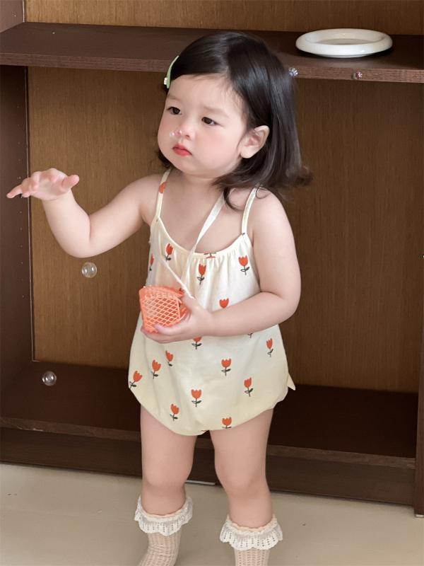ベビー服 女の子 ロンパース 春夏 ノースリーブ コットン 薄手 かわいい 韓国風 幼児 乳児 包みボタン ..