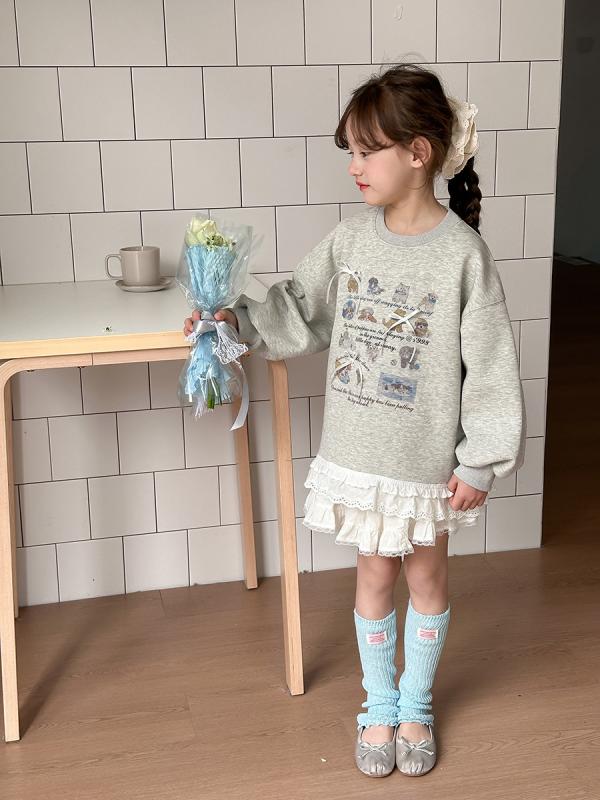 子供用スウェット ガールズ 韓国風 かわいい レース 切り替え 立体 蝶結び 犬 春 ...