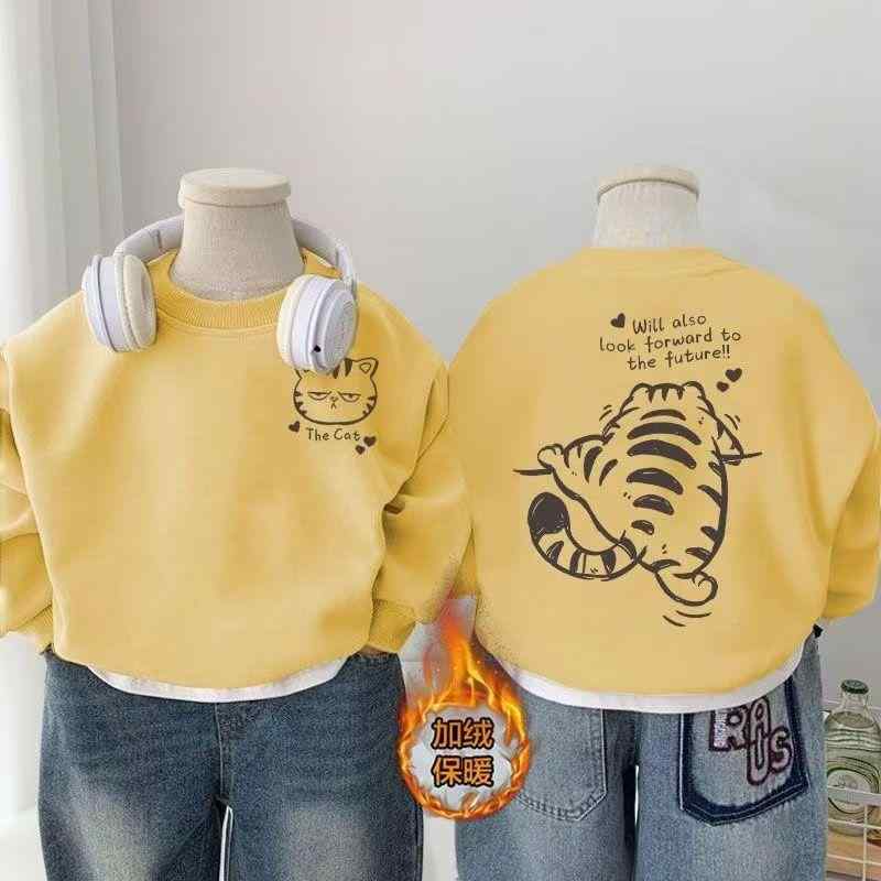 キッズ スウェット 秋冬 一体型フリース トップス 男女児兼用 韓国風 厚手 長袖 アウター 裏起毛 黄色 ..