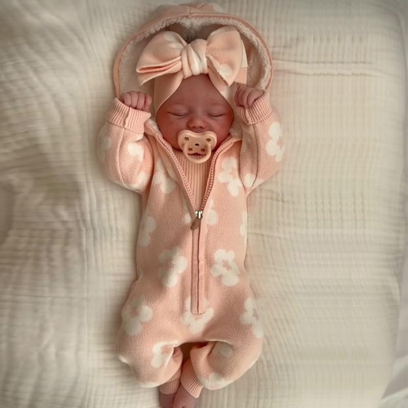 ベビー ニットロンパース 長袖 ジップアップ パーカー付き 花柄 裏起毛 厚手 秋冬 暖か かわいい 赤ち..