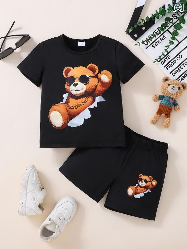 キッズ Tシャツ 短パン 上下セット 男の子 半袖 クルーネック アニメ 熊柄 カジュ...