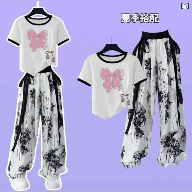 キッズ ガールズ パンツセットアップ 半袖Tシャツ ワイドレッグパンツ 中国風 水墨...