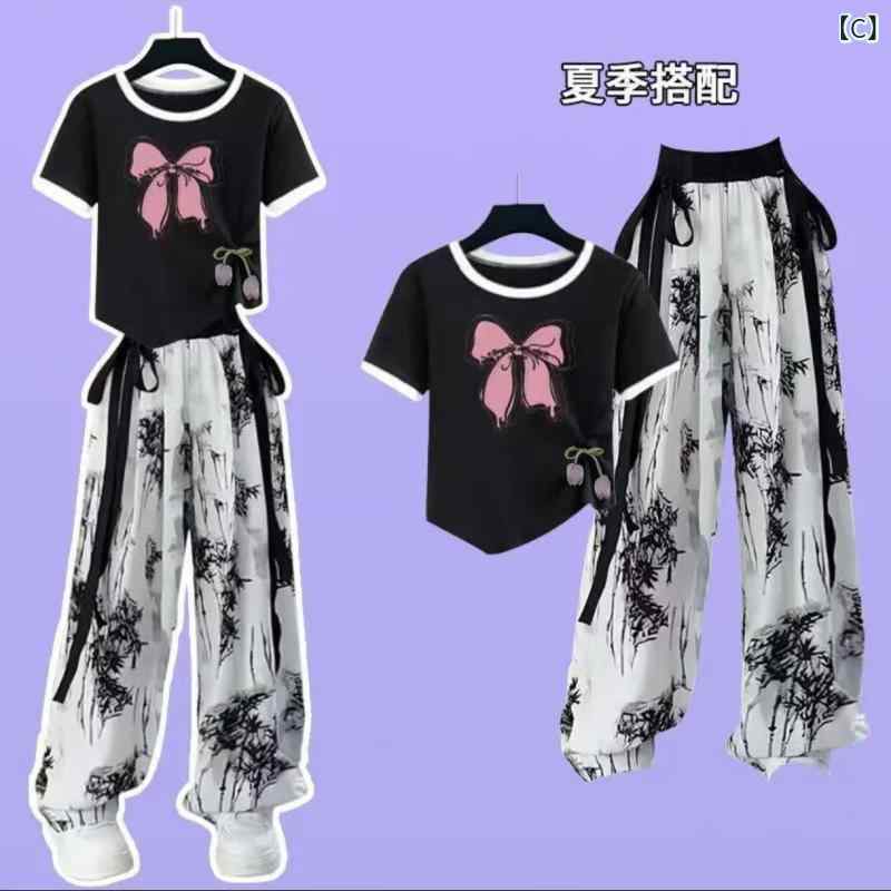 キッズ ガールズ パンツセットアップ 半袖Tシャツ ワイドレッグパンツ 中国風 水墨...