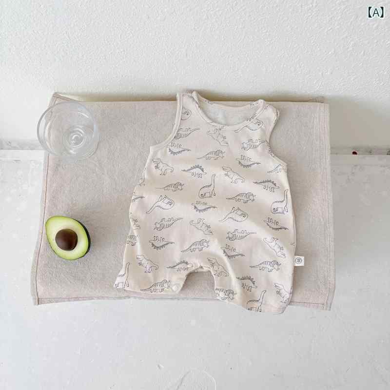 ベビー服 男の子 ノースリーブ ロンパース 薄手 夏 新生児 カバーオール コットン 恐竜柄 韓国風 杏色 ..