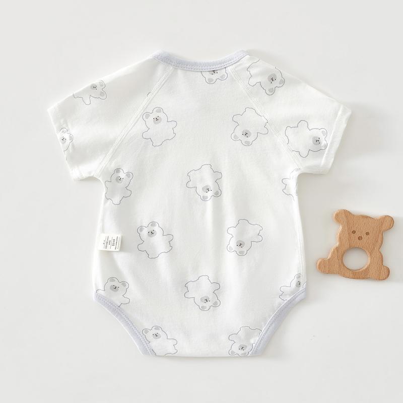 ロンパース ベビー服 新生児 薄手 コットン 春夏 半袖 斜めボタン 前開き かわいい クマ柄 カジュアル ..