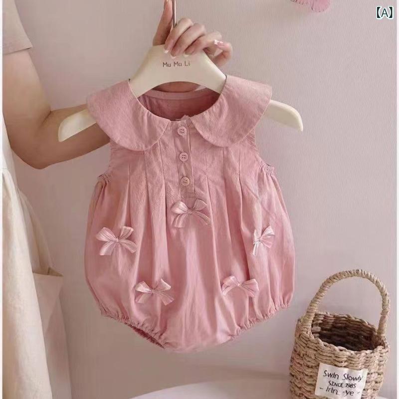 ロンパース ベビー服 女の子 ノースリーブ コットン かわいい パステルピンク 蝶結...