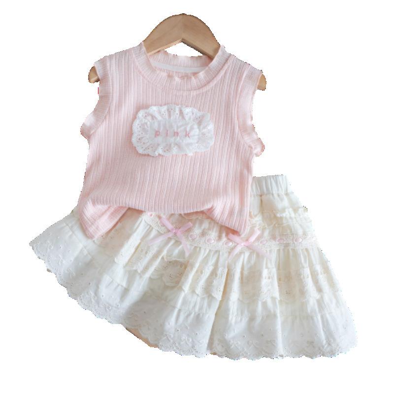 子供服 女の子 夏物 セットアップ ノースリーブ トップス レース スカート かわいい プリンセススタイル 普段着 ベビー 幼児 ピンク系