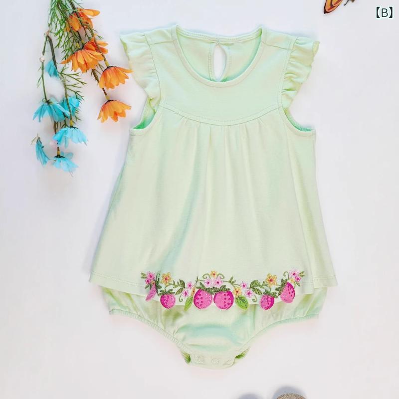 ロンパース ベビー 女の子 夏 ノースリーブ コットン 花柄 刺繍 新生児 包みスカート 60 70 80 90