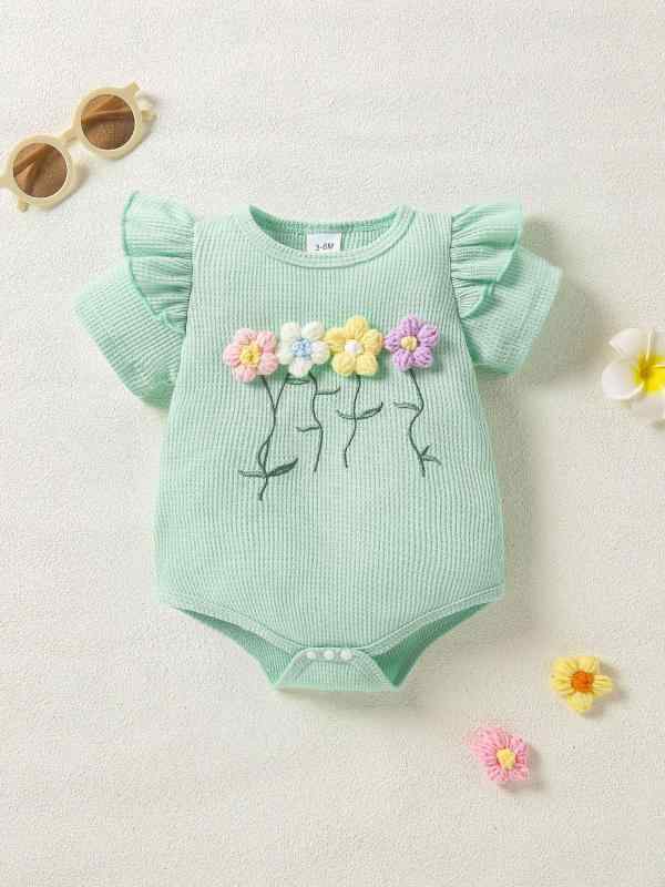 ロンパース ベビー服 女の子 ニット パフスリーブ 小花柄 刺繍 半袖 春夏 かわいい 普段使い 接触冷感
