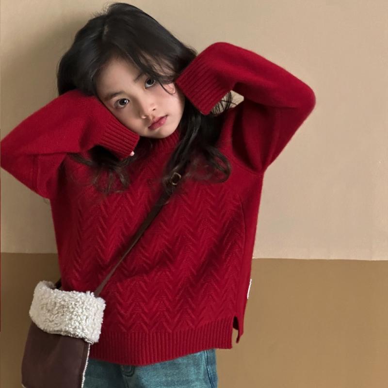 ニット キッズ 女の子 冬服 子供服 セーター 長袖 トップス プルオーバー 丸首 リブ編み 無地 かわいい..