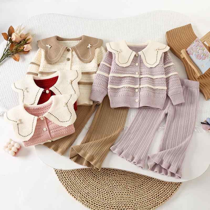 子供服 ニット セットアップ 秋冬 女の子 ニット セーター パンツ 韓国風 かわいい 2点セット 長袖 襟付き プリンセス 上下セット 90cm 100cm 110cm 120cm 130cm