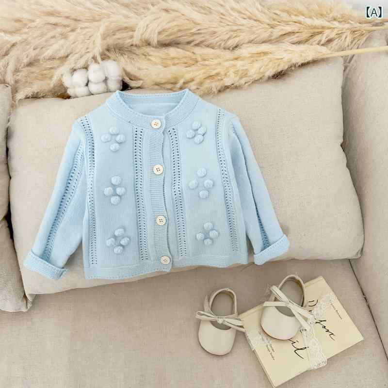 子供服 ニットカーディガン 女の子 春秋 ベビー服 長袖 無地 ボール飾り 柔らかい 赤ちゃん アウター ..