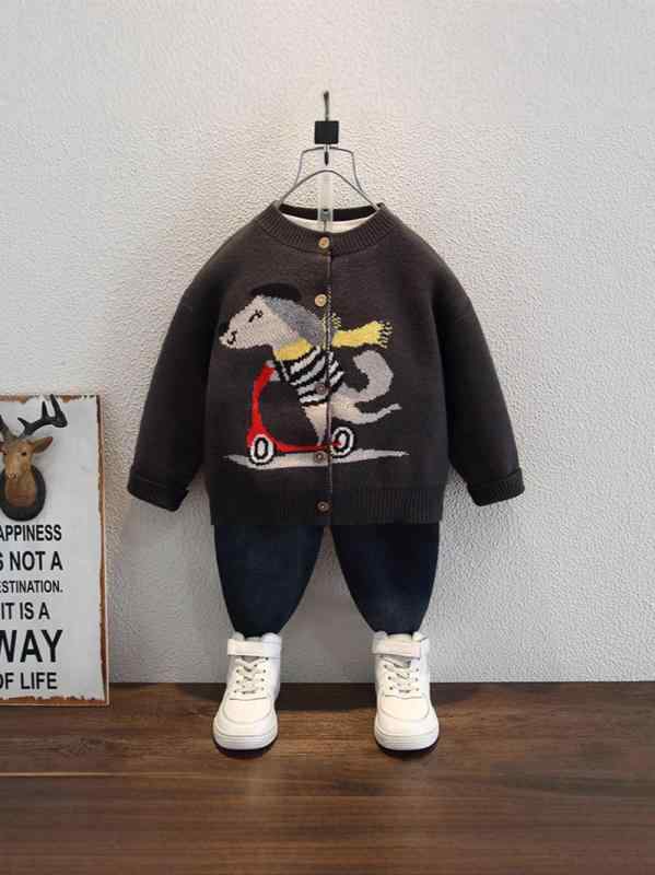 子供服 ニット カーディガン 男の子 キッズ 春秋 抗ピリング 長袖 アウター 深灰色 90 100 110 120 130 140 150