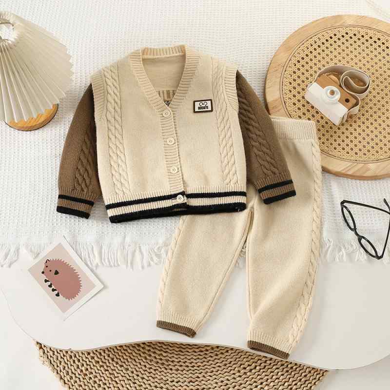 子供服 ニット セットアップ 男の子 ニットカーディガン かわいい 長袖 Vネック 2点セット 秋冬