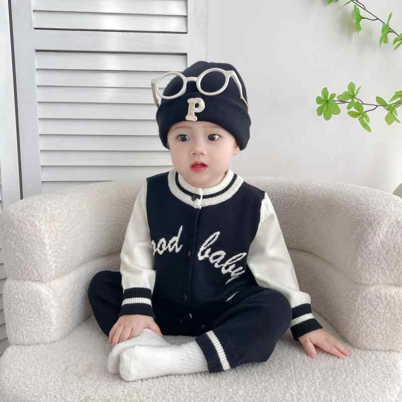 ベビー服 ニットロンパース 韓国風 赤ちゃん 秋物 野球服風襟 長袖 カバーオール ボーダー柄 かわいい 普段使い 秋冬 ブラック レッド グレー カーキ