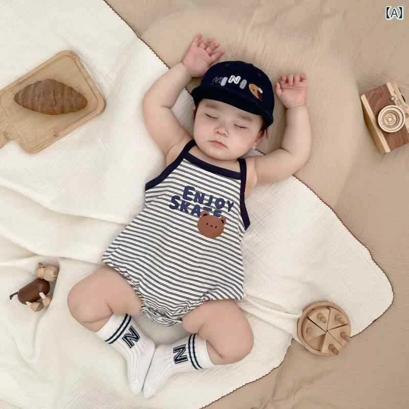シャドーテールのベビー服 男の子 新生児 カバーオール ロンパース ノースリーブ 綿100％ ハーネス風 小熊 ストライプ 無地 薄手 接触冷感 韓国風 普段使い 外出着｜アングル2