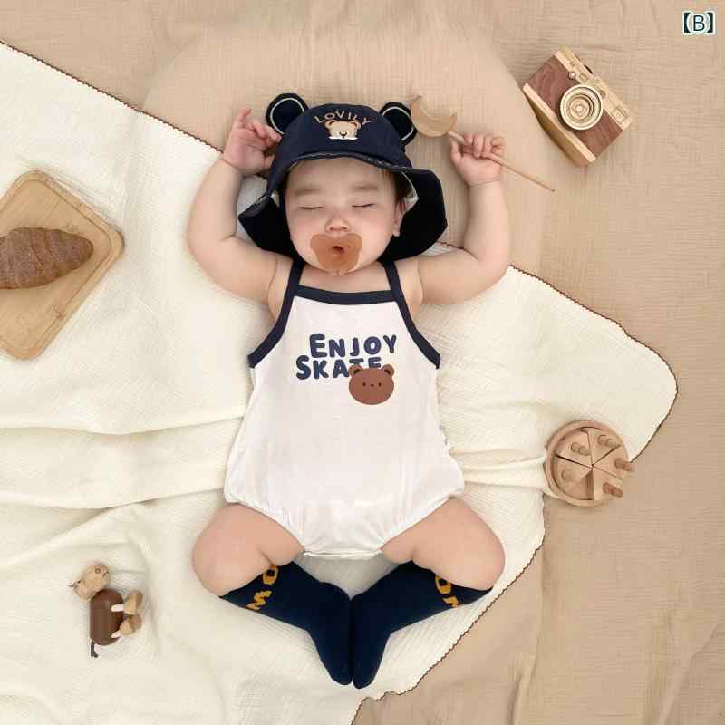 シャドーテールのベビー服 男の子 新生児 カバーオール ロンパース ノースリーブ 綿100％ ハーネス風 小熊 ストライプ 無地 薄手 接触冷感 韓国風 普段使い 外出着｜アングル3