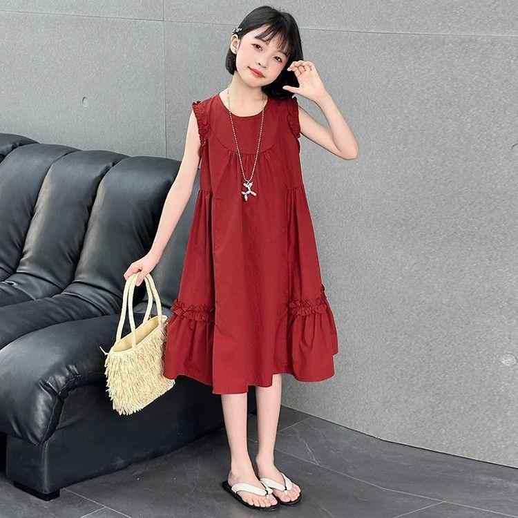 ワンピース 女の子 大童 無地 コットン 夏物 ノースリーブ プリンセス風 レッド 140cm 150cm 160cm 170cm 大 スカート