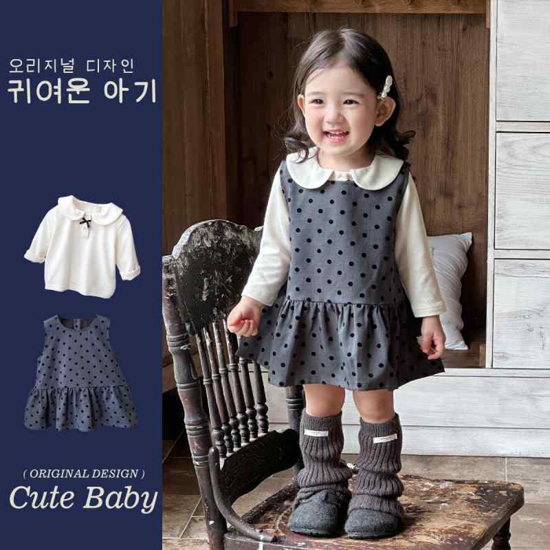 子供用セットアップ ワンピース 女児 チュニック&カットソー 2点セット 韓国風 秋物 綿混紡 丸襟 ドット柄 73cm 80cm 90cm 100cm かわいい 普段使い