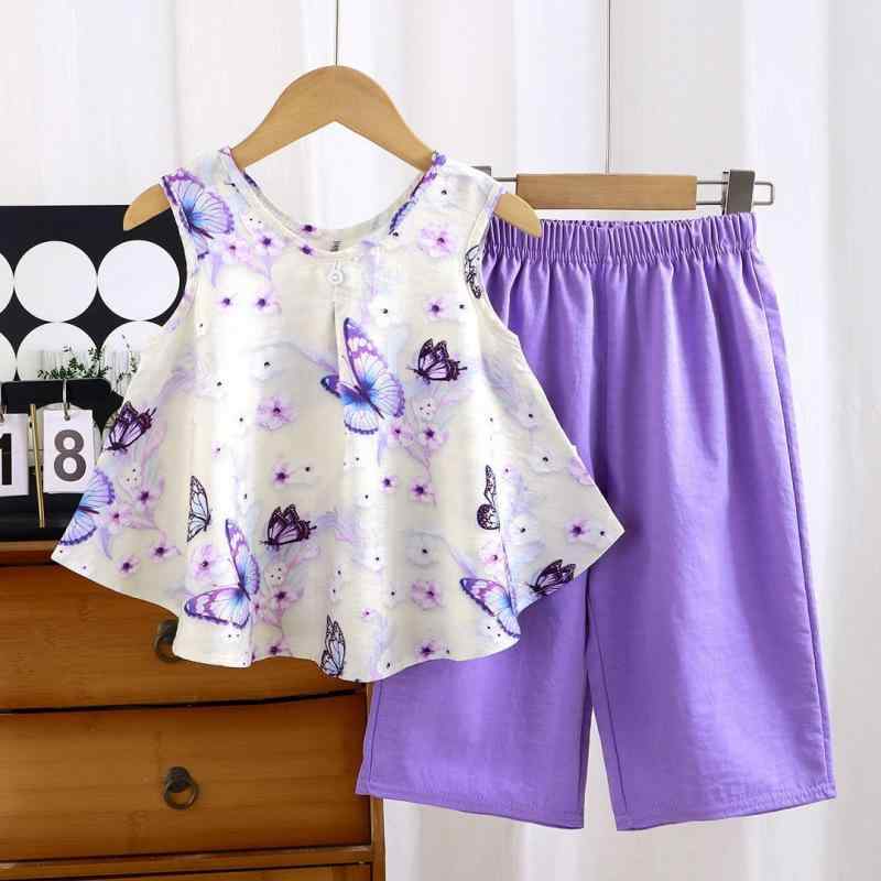 キッズ 夏服 セットアップ 女の子 ノースリーブ ワイドレッグパンツ 再生繊維 2点セット ガールズ 子供..