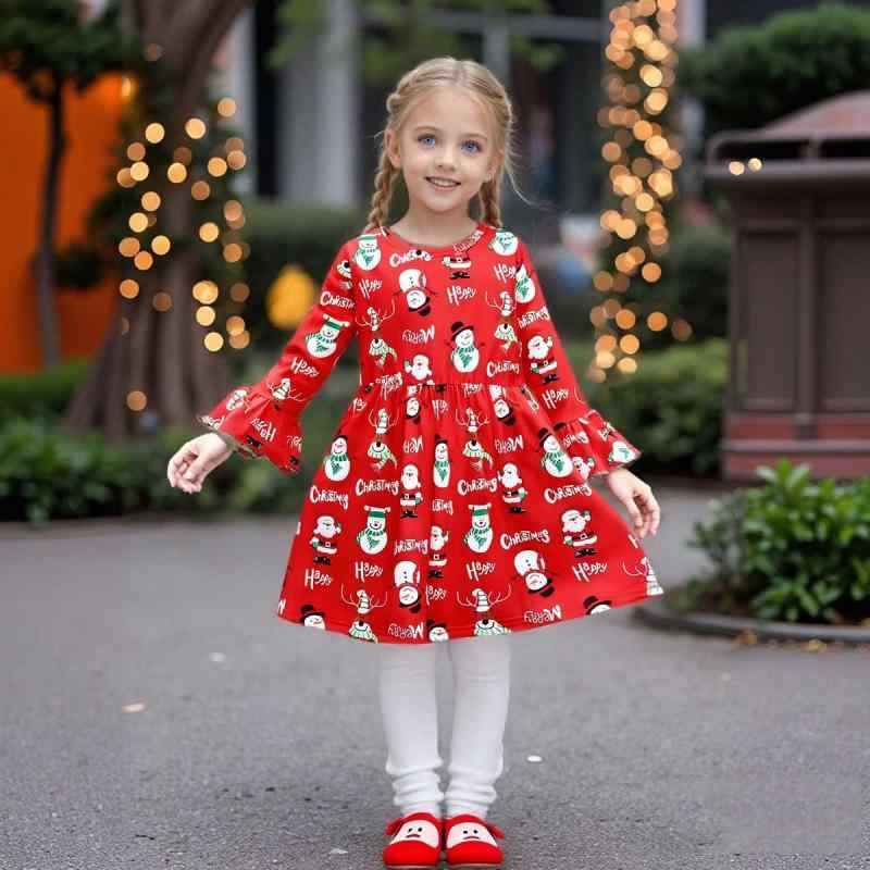 ワンピース 子供 女の子 欧米風 クリスマス サンタクロース 雪だるま プリント Aライン 膝丈 長袖 快適 柔らかい ポリエステル