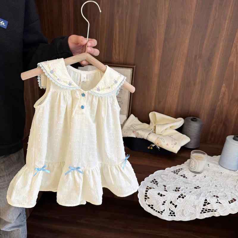 ワンピース キッズ 夏物 ノースリーブ ハーフ丈 コットン Aライン 無地 セーラー襟 魚尾 フリル ベージュ系 80 90 100 110 120 かわいい お出かけ 普段使い