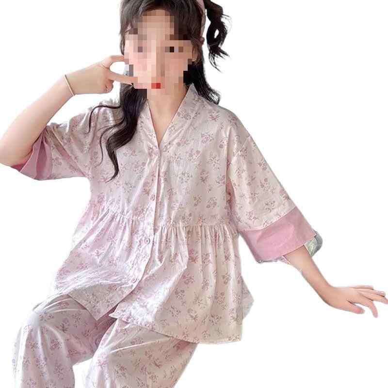 子供用パジャマ 女の子 夏物 韓国風 7分袖 ホームウェア 上下セット 薄手 コットン 中大童 配色 花柄 120 130 140 150 160 170