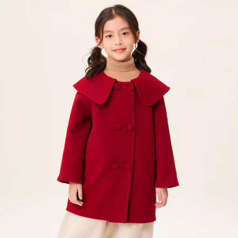 子供服 女の子 ウールコート ダブルブレスト フレンチスタイル 襟付き アウター かわいい ミドル丈 厚手 秋冬 あったか 防寒 レッド オフホワイト