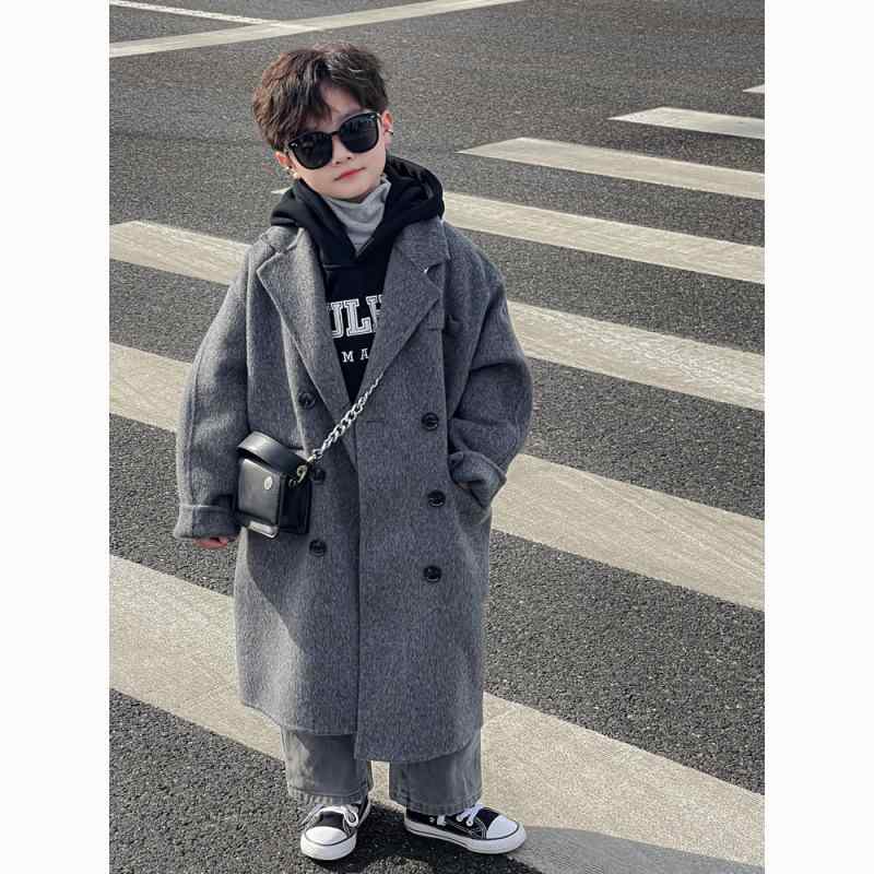 Coat - 子供服 ジャケット 子供用 ダブルフェイス ウール コート 秋冬 シーズン 男の子 女の子 中童 無地 灰色 防寒
