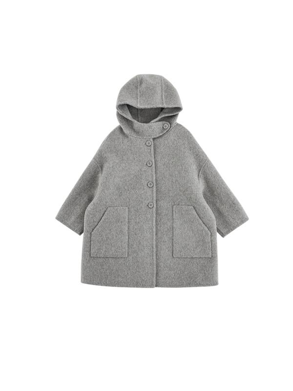 コート キッズ 男の子 子供服 中綿入り ウール混紡 フード付き ロング丈 厚手 グレー 防寒 秋冬