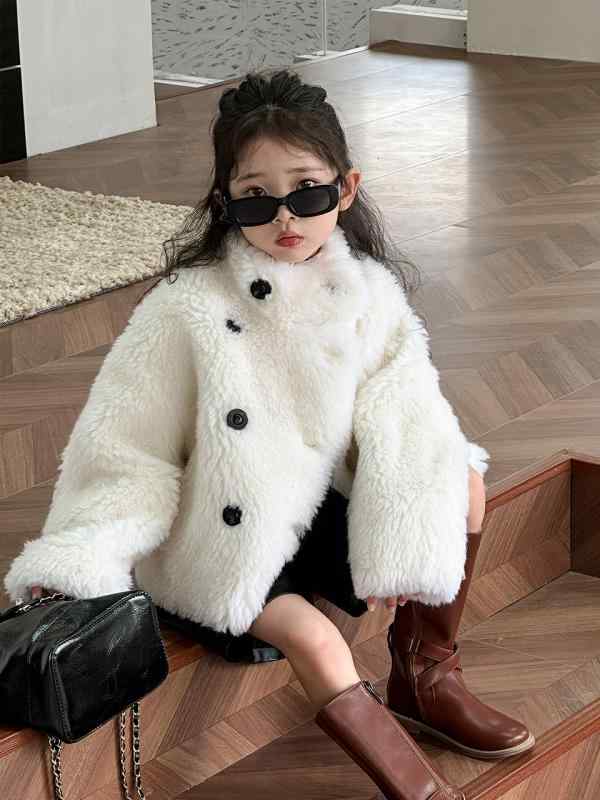 子供服 毛皮コート 女児用 ウール アウター 秋冬 ベビー 羊毛 シープスキン 厚手 防寒 ホワイト ベージュ 100 110 120 130 140 150 160(4.0)