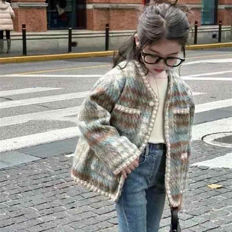 Coat - 子供服 ジャケット 女の子 アウター チェック柄 ツイード風 上着 厚手 秋冬 かわいい 普段使い