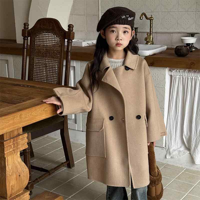 Coat - 子供服 ダブルフェイス ウール ピーコート 男女兼用 韓国風 ミドル丈 ゆったり ウール アウター ブラック 秋冬