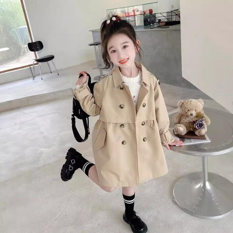 子供服 ガールズ トレンチコート ミドル丈 ダブルブレスト コットン アウター カーキ ピンク系 韓国風 かわいい おしゃれ 春秋