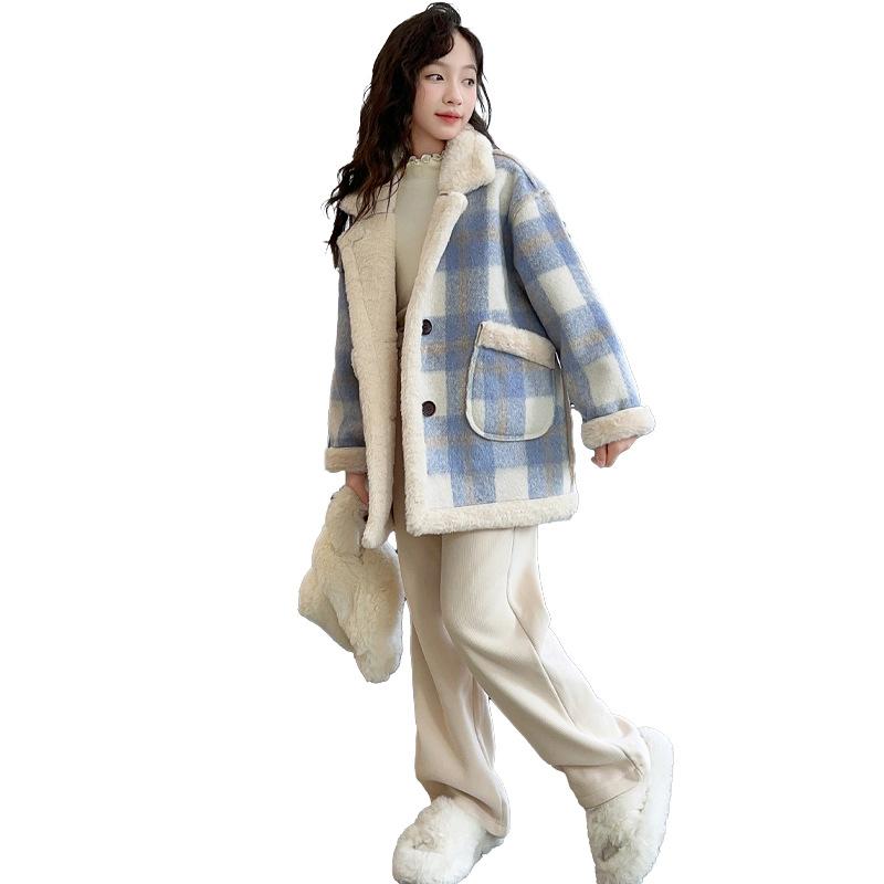 子供服 コート 女の子 チェック柄 ウール アウター 秋冬 厚手 暖かい 韓国風 ガールズ ダブルボタン ミドル丈 裏地付き ポリエステル 赤 青(4.0)