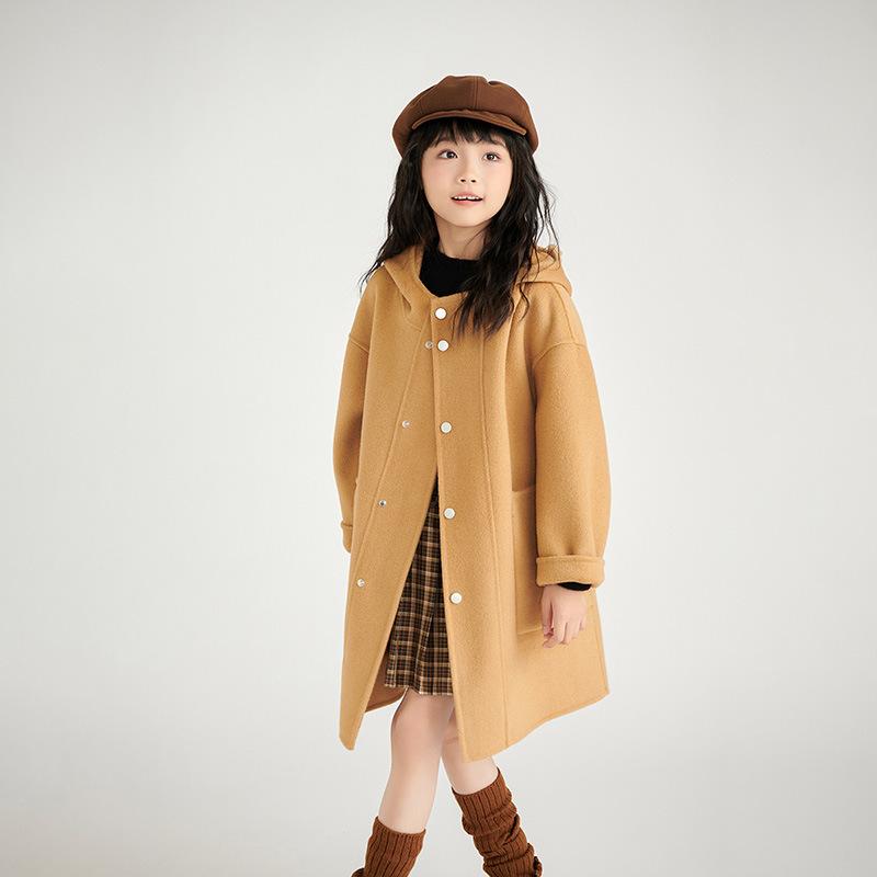 夾克 - 子供服 アウター 秋冬 ウール コート フード付き 両面 男女兼用 無地 厚手 ミドル丈 イエローキャメル ベージュ ブラック レッド 100cm 110cm 120cm 130cm 140cm 150cm 160cm