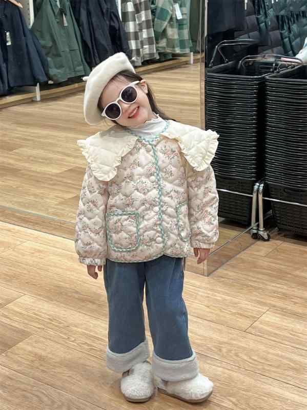Coat - 子供服 女の子 アウター ジャケット 韓国風 かわいい フラワープリント 大襟 キルティング 緑 パイピング コート ジャンパー 冬