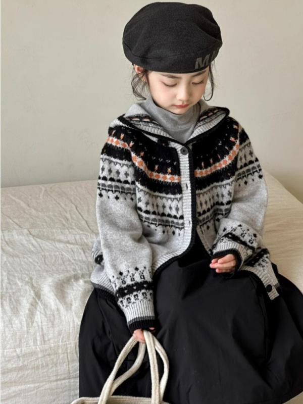 Other - 子供用ニットカーディガン フード付き 春物 子供 慵懶風 フェアアイル柄 セーター 大童 女の子 かわいい ストライプ