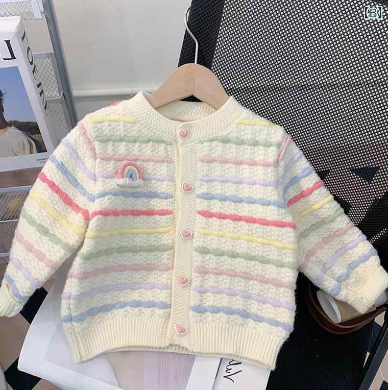 子供服 ニット カーディガン 春秋 薄手 女の子 キッズ セーター トップス アウター かわいい おしゃれ 韓国風 ストライプ 女児 服 普段着 通園 通学 ベージュ ピンク系