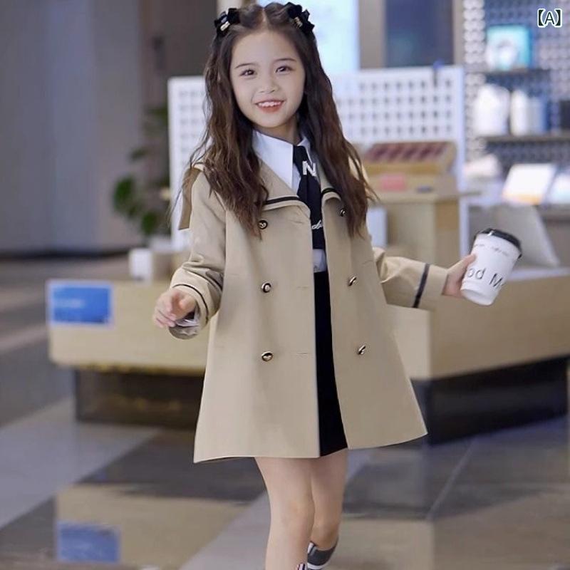 子供服 女の子用 トレンチコート 春秋 中学生 ロング丈 アウター カーキ色 学院風 かわいい おしゃれ