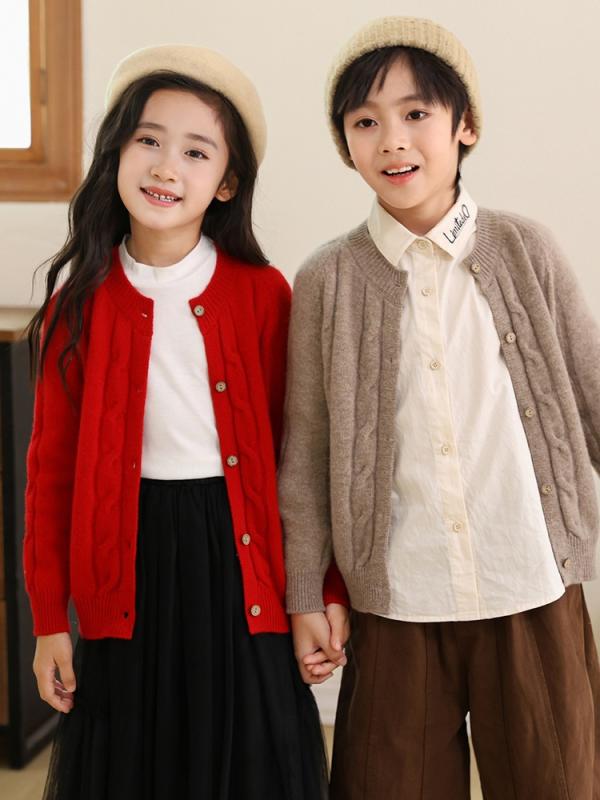 夹克 - 子供服 ニット カーディガン 秋冬 厚手 ウール100% ケーブル編み ニット アウター 男女兼用 ベビー セーター 丸首 ミドル丈 トップス かわいい おしゃれ 防寒 カジュアル