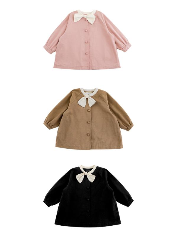 Coat - 子供服 ジャケット 女の子 蝶結び アウター 秋冬 カジュアル ベージュ ピンク ブラック 長袖 ミドル丈 上着 ガールズ キッズ 防風